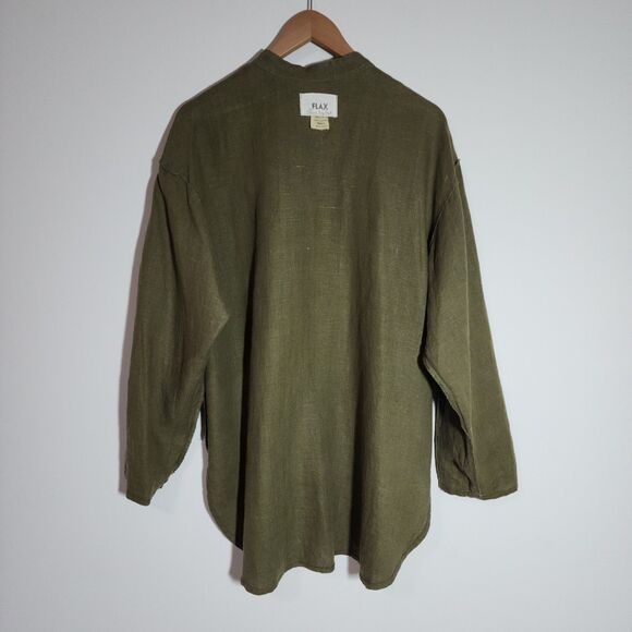 Flax by Jeanne Engelhart Mens Linen Shirt S Olive Green Roll Tab Sleeve Stand-Up - Picture 5 of 8